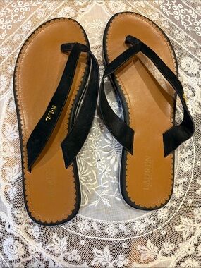 LAUREN Ralph Lauren Black Strappy Leather Flip Flop Sandals with Tan Footbed